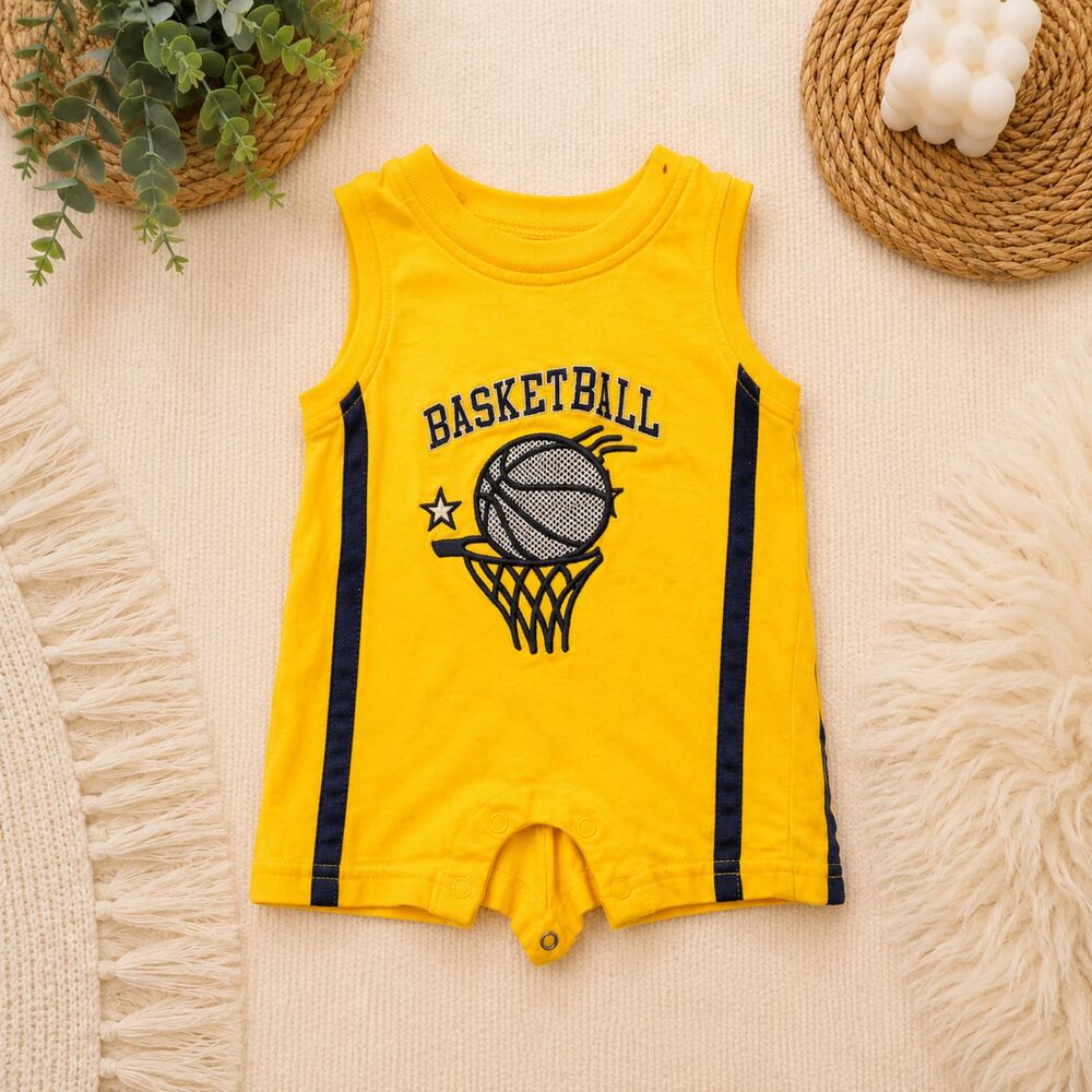 Vintage Baby Basketball Romper Yellow Sleeveless Jersey One Piece Outfit